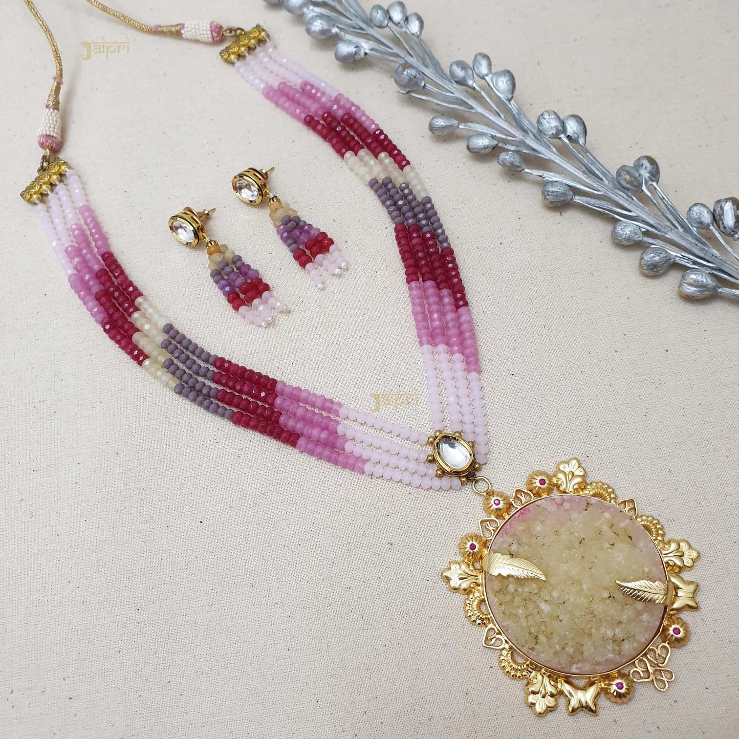 Floral Multicolor Stone Fusion Gold Pendant With Earrings