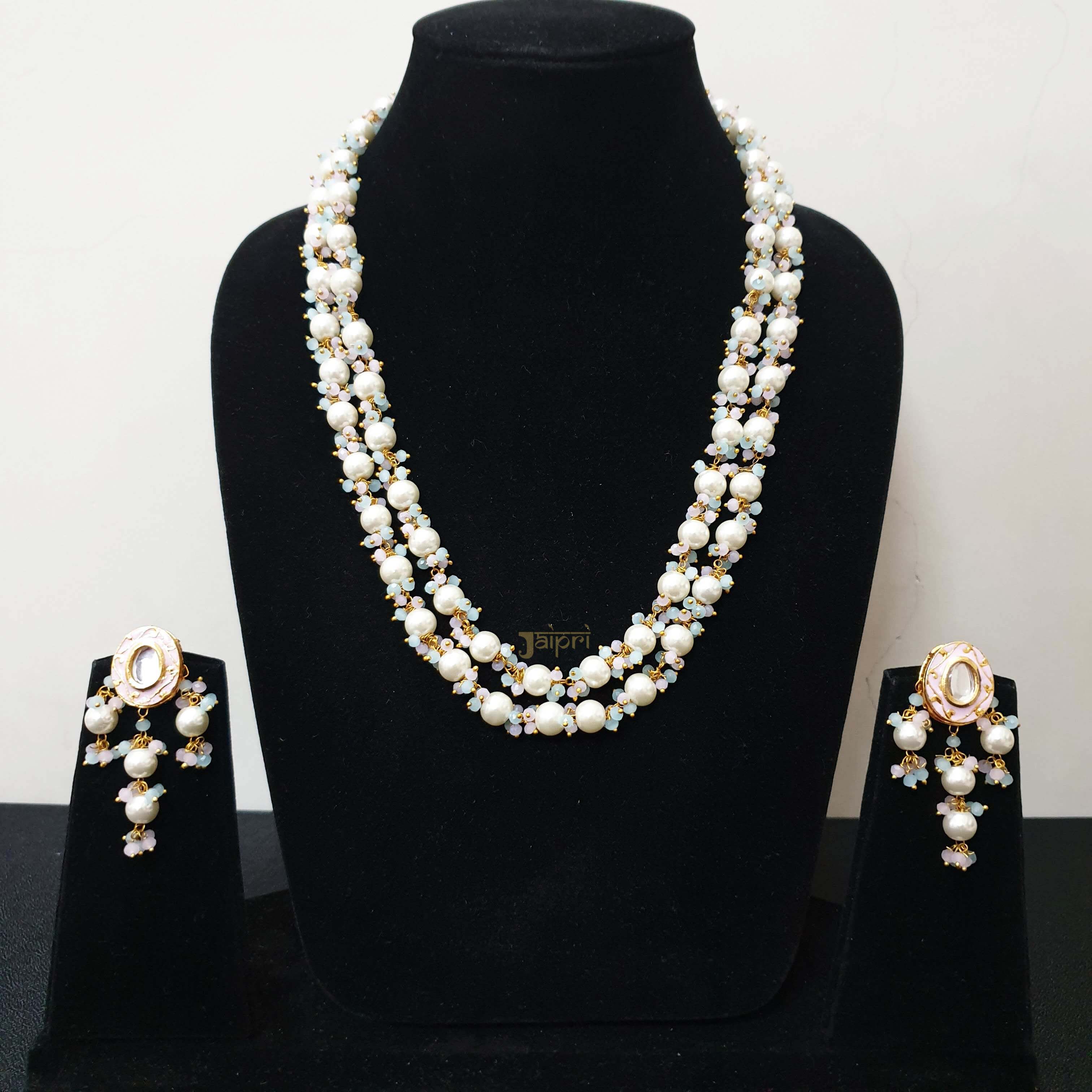 Premium Pearl And Turquoise Beads Necklace With Earrings