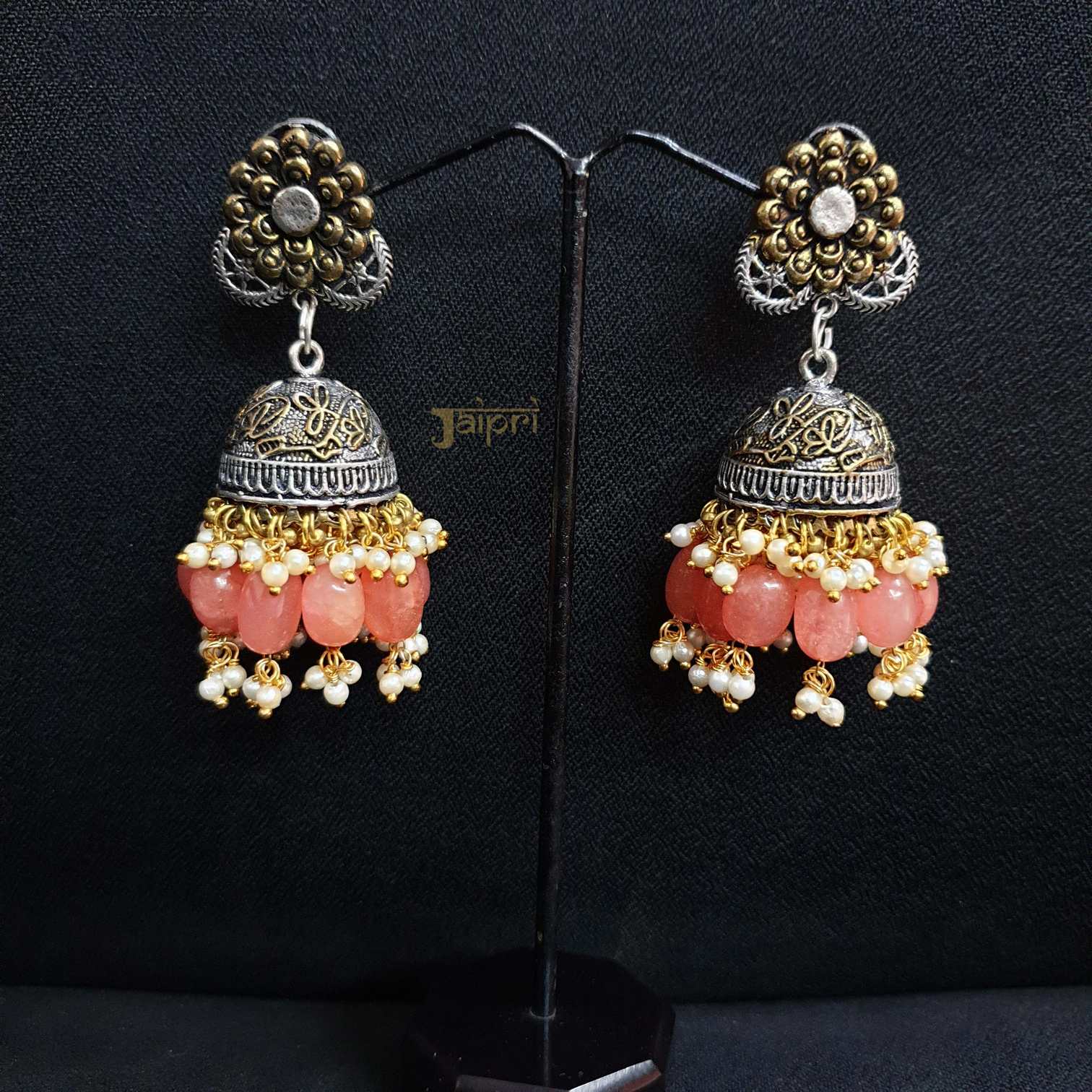 Floral Design Peach Stone Dual Tone Oxidised Jhumki