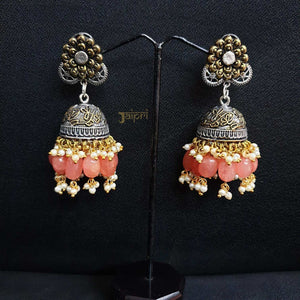 Floral Design Peach Stone Dual Tone Oxidised Jhumki