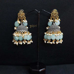 Floral Design & Turquoise Stone Stud Jhumki