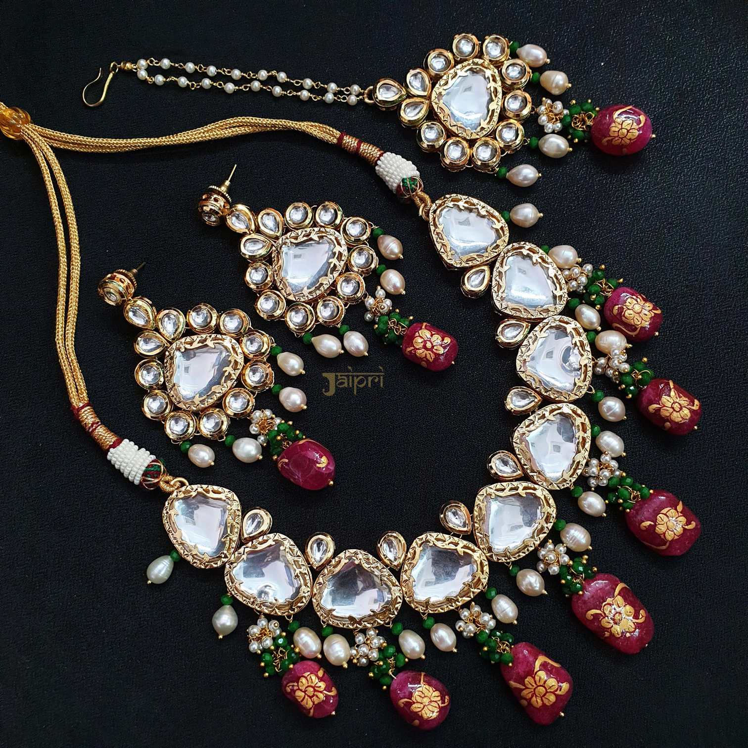 Pearl & Ruby Stone Kundan-Jadau Choker & Maang Tikka With Earrings
