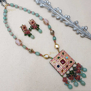 Turquoise Beads Stone Meenakari Pendant With Earrings