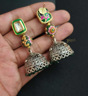 Green Meenakari, Oxidized Stud Jhumki