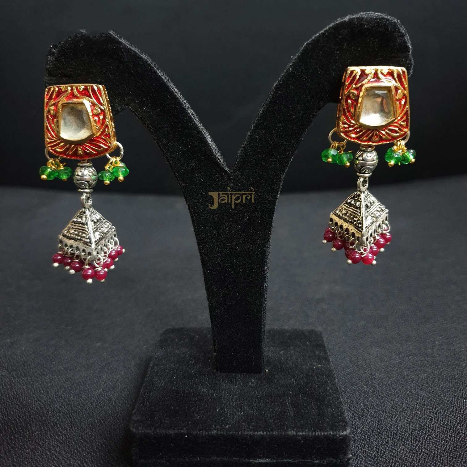 Red & Green Kundan& Meenakari Jhumki Earrings