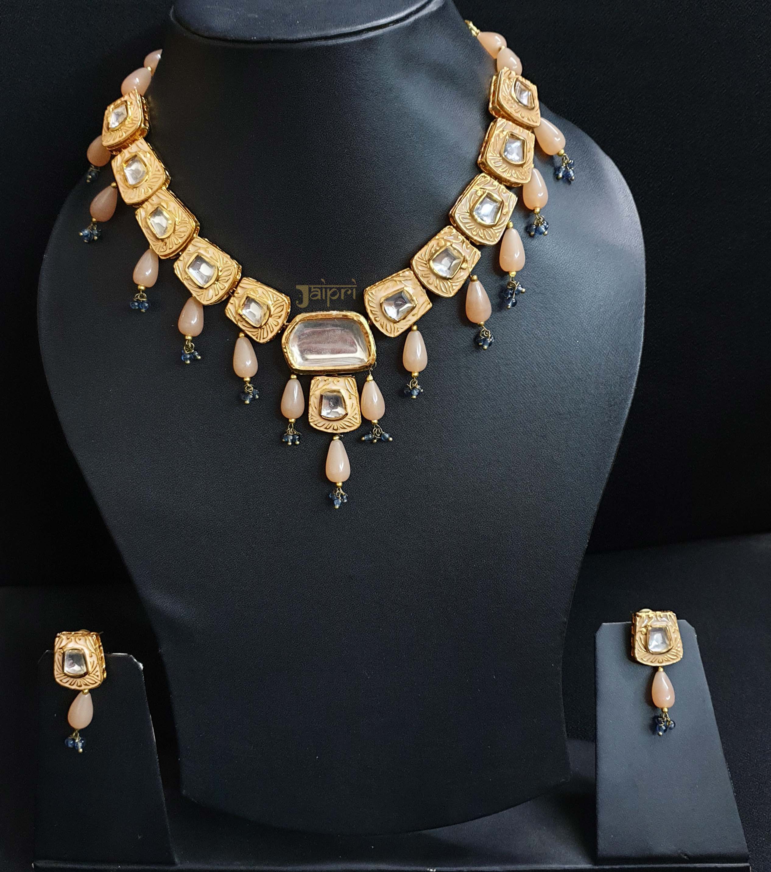 Peach Kundan Meenakari Necklace With Earrings