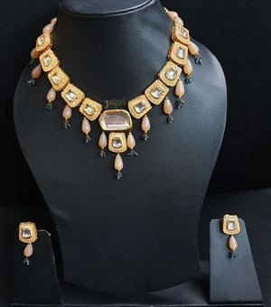 Peach Kundan Meenakari Necklace With Earrings