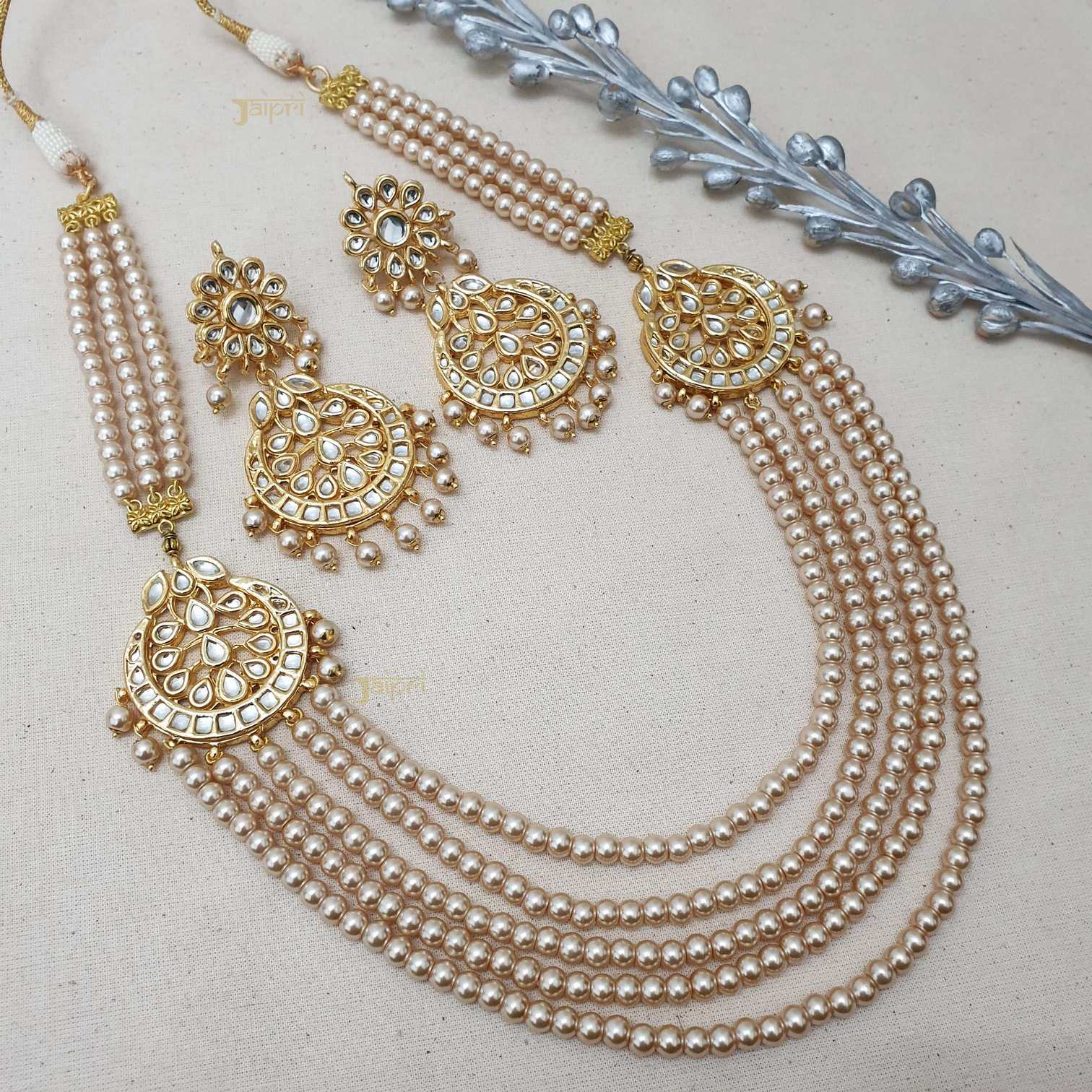 Adorable Kundan & Pearl Beads Stone Necklace With Earrings