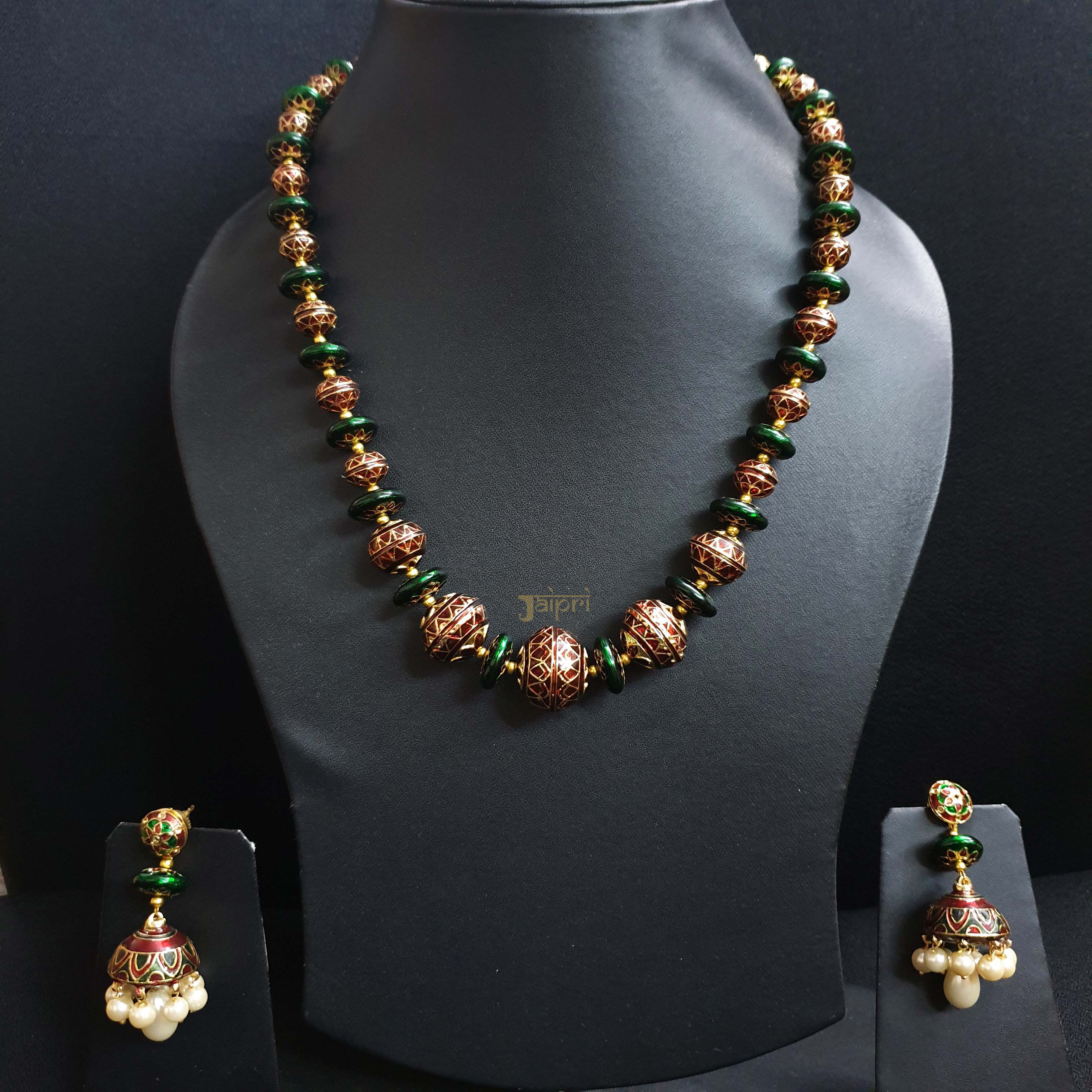 Maroon Green Meenakari Beads Necklace With Earrings