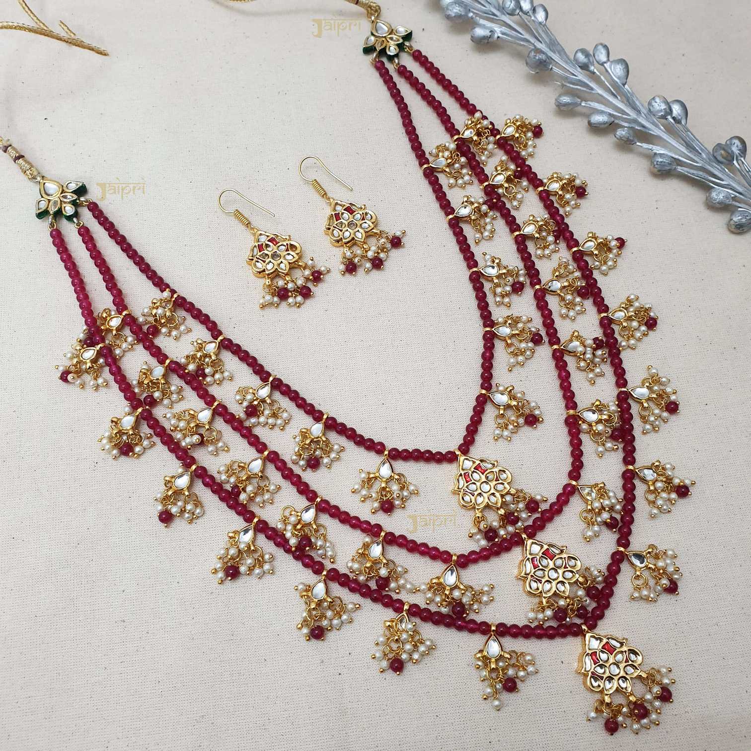 Floral Kundan & Ruby Beads Stone Necklace With Earrings