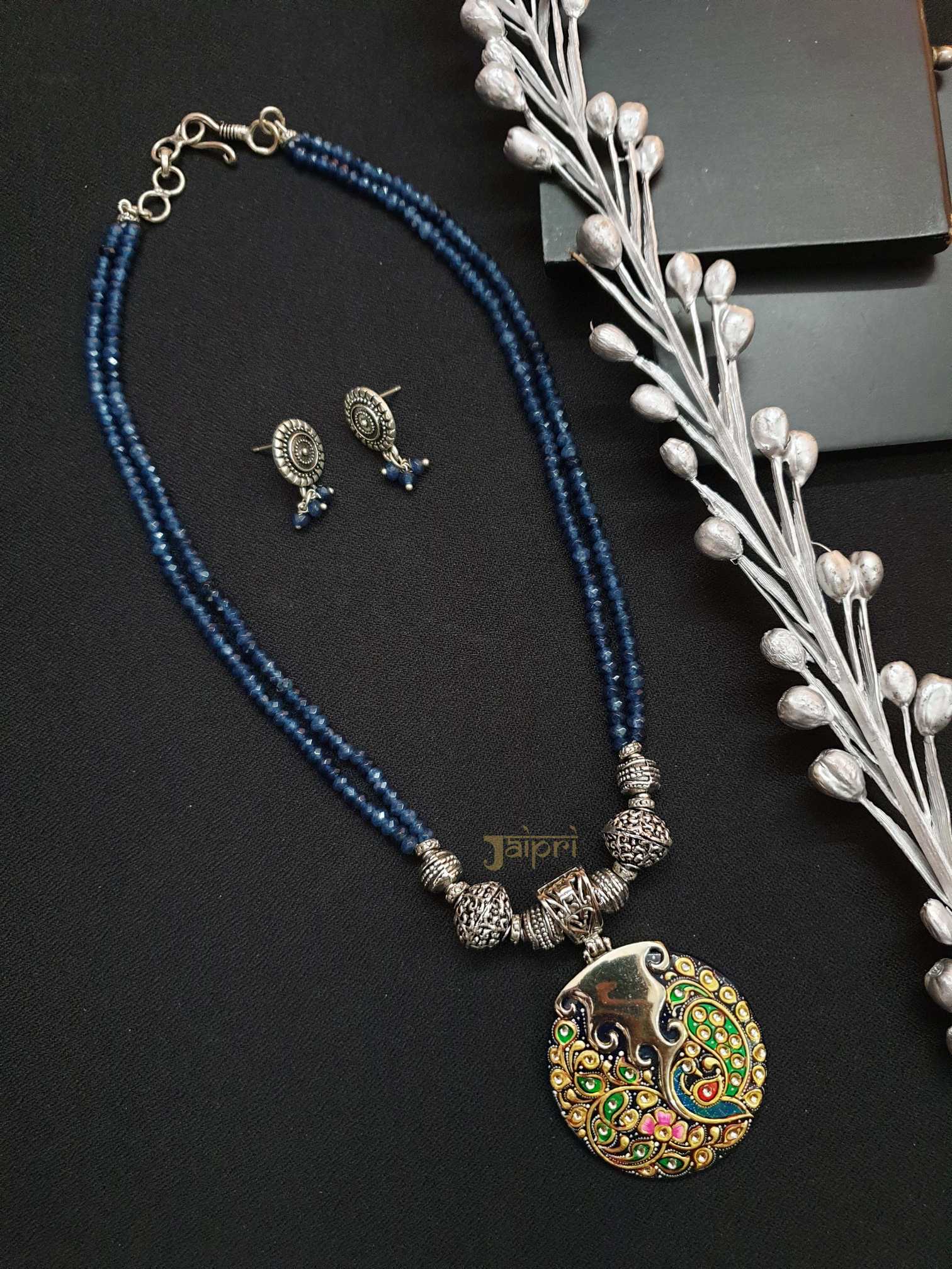 Adorable Blue Stone, Meenakari Necklace With Earrings