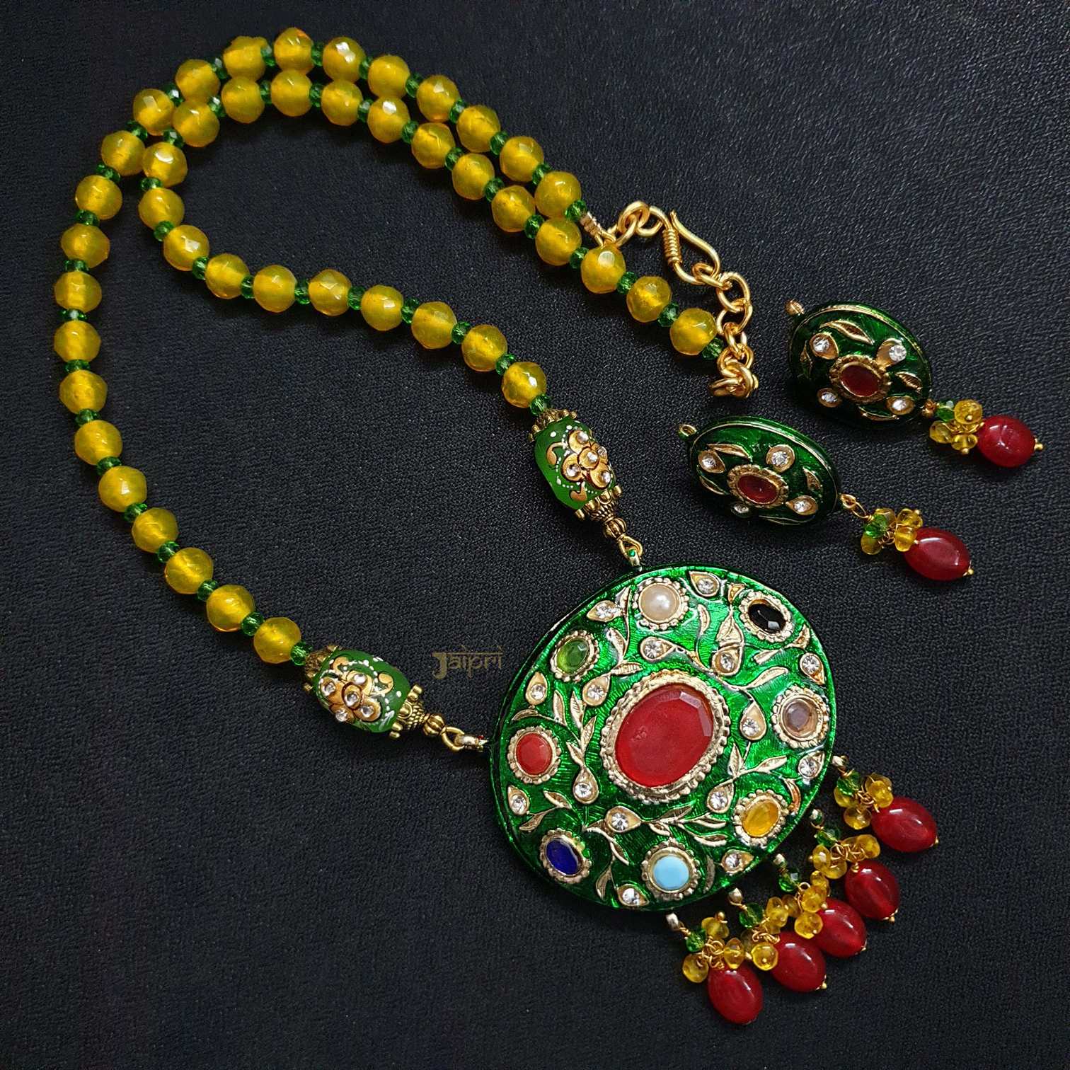 Yellow Beads Stone Meenakari Pendant With Earrings