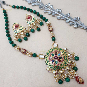 Floral Green Beads Stone Meenakari Designer Pendant With Earrings
