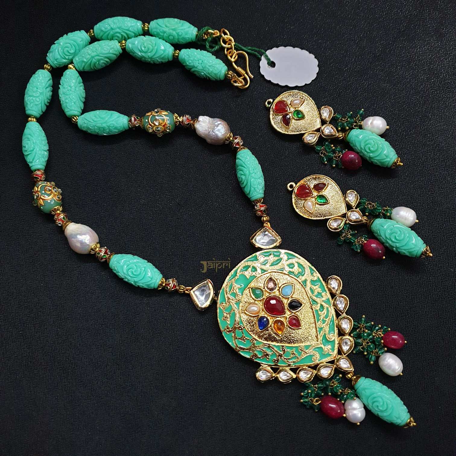 Tear-Drop Firoza Meenakari Pendant With Earrings