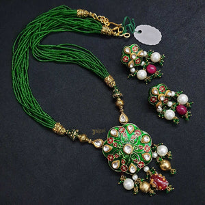 Floral Green Beads Stone Meenakari Pendant With Earrings