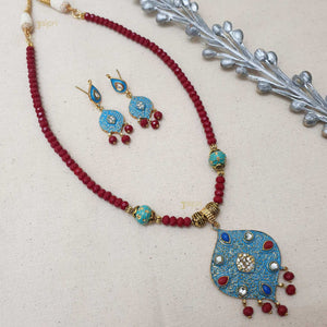 Ruby Beads Stone Meenakari Tear-Drop Pendant With Earrings