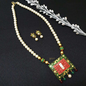 Meenakari & Pearl Beads Stone Pendant With Earrings
