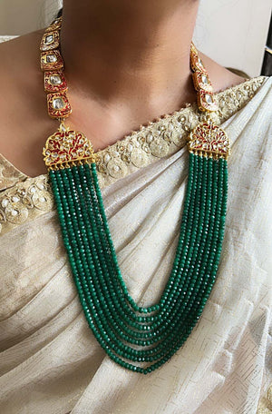 Meenakari & Kundan Green Beads Stone Necklace With Earrings