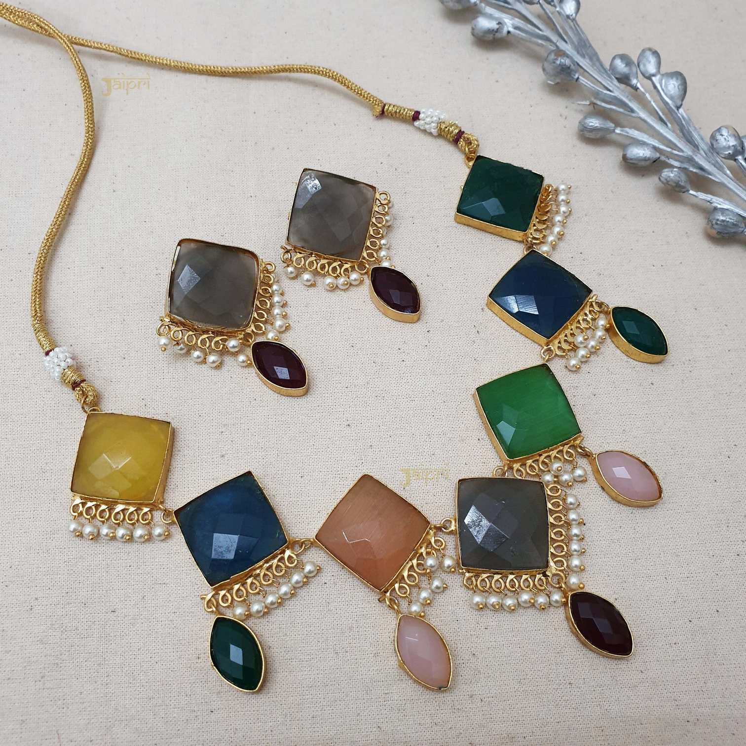 Multicolor Stone Choker Thread Necklace With Earrings