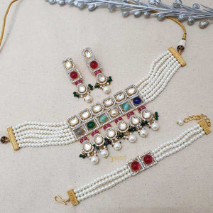 Multicolor Stone & Pearl Beads Choker Necklace & Earrings With Bracelet