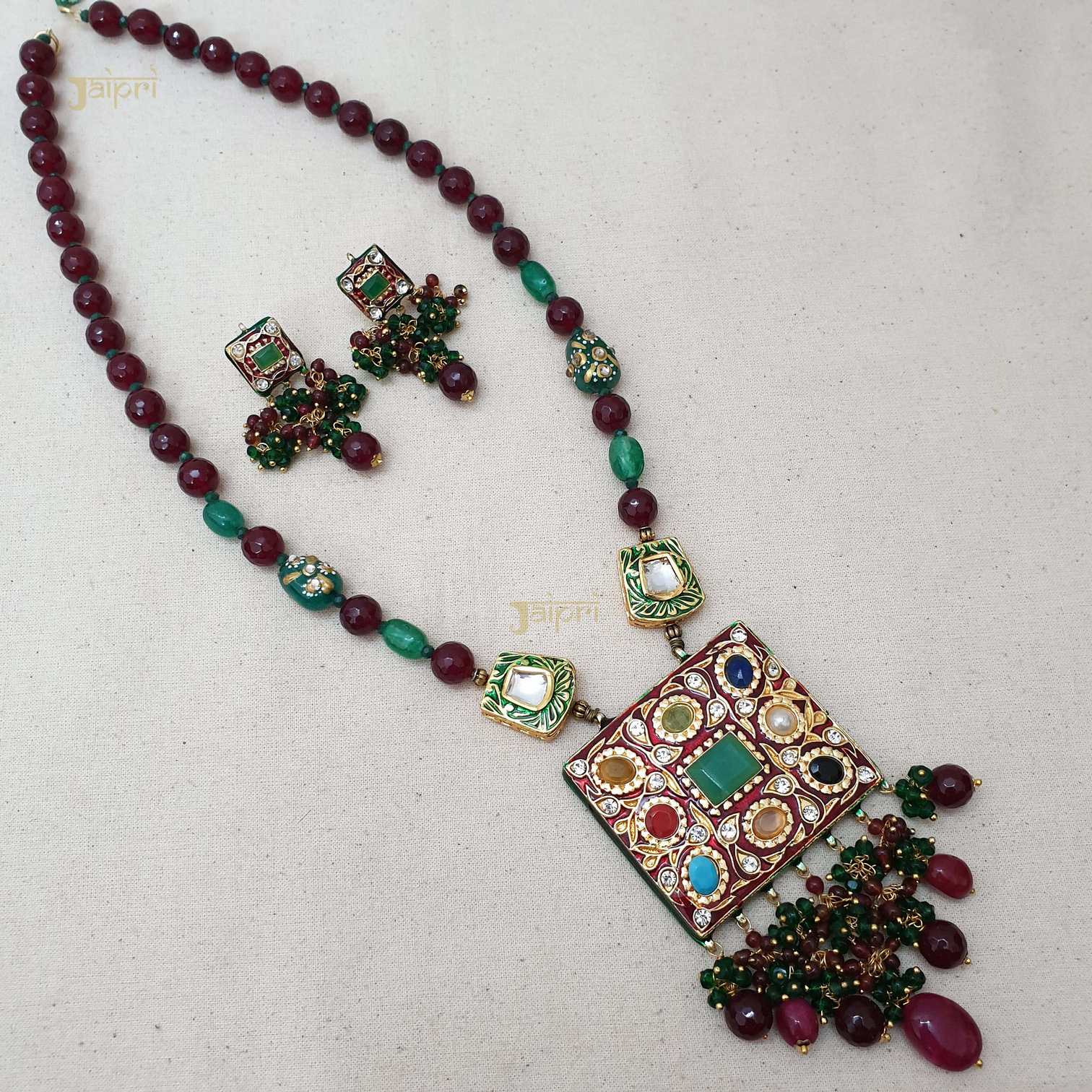 Ruby Stone Meenakari Pendant With Earrings