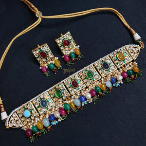 Multicolor Meenakari Floral Choker With Earrings