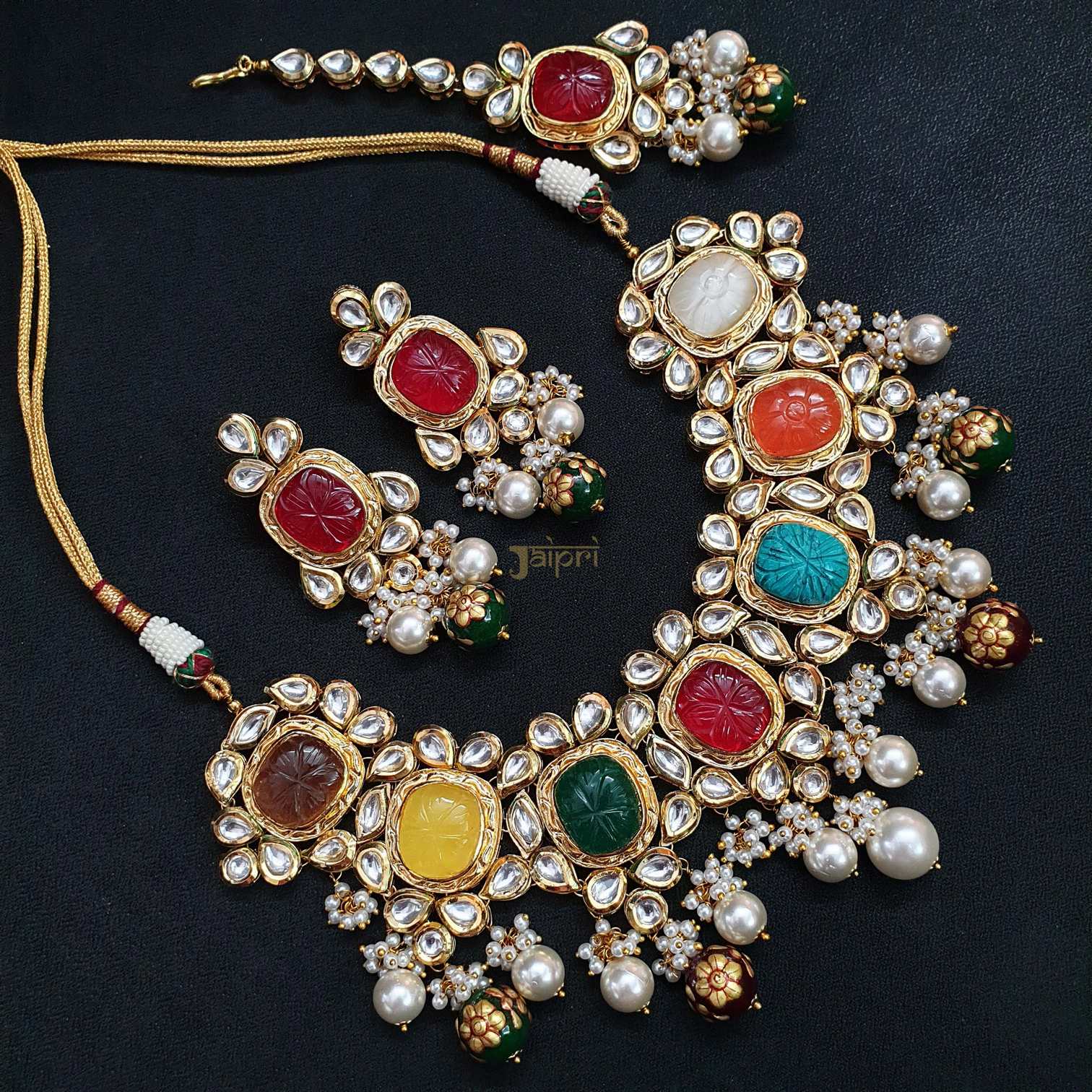 Navratan, Pearl Stone Kundan-Jadau Choker & Earrings With Maang Tikka