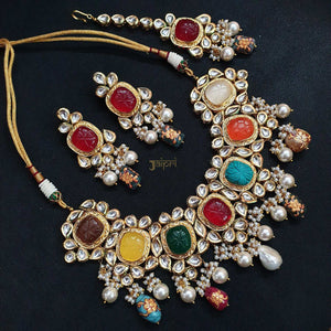 Navratan Stone Kundan Designer Choker & Maang Tikka With Earrings