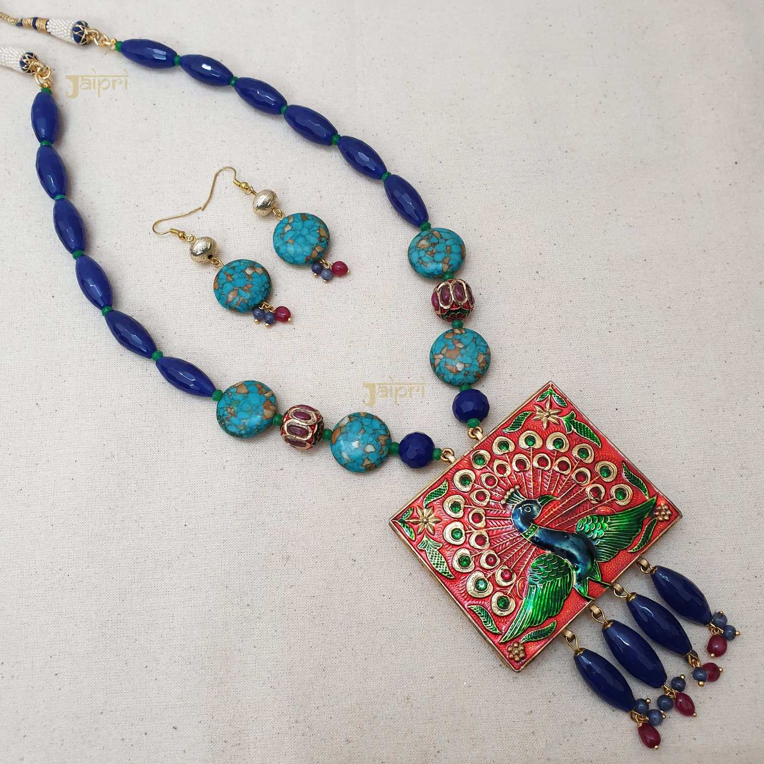 Blue & Turquoise Stone Peacock Meenakari Pendant With Earrings