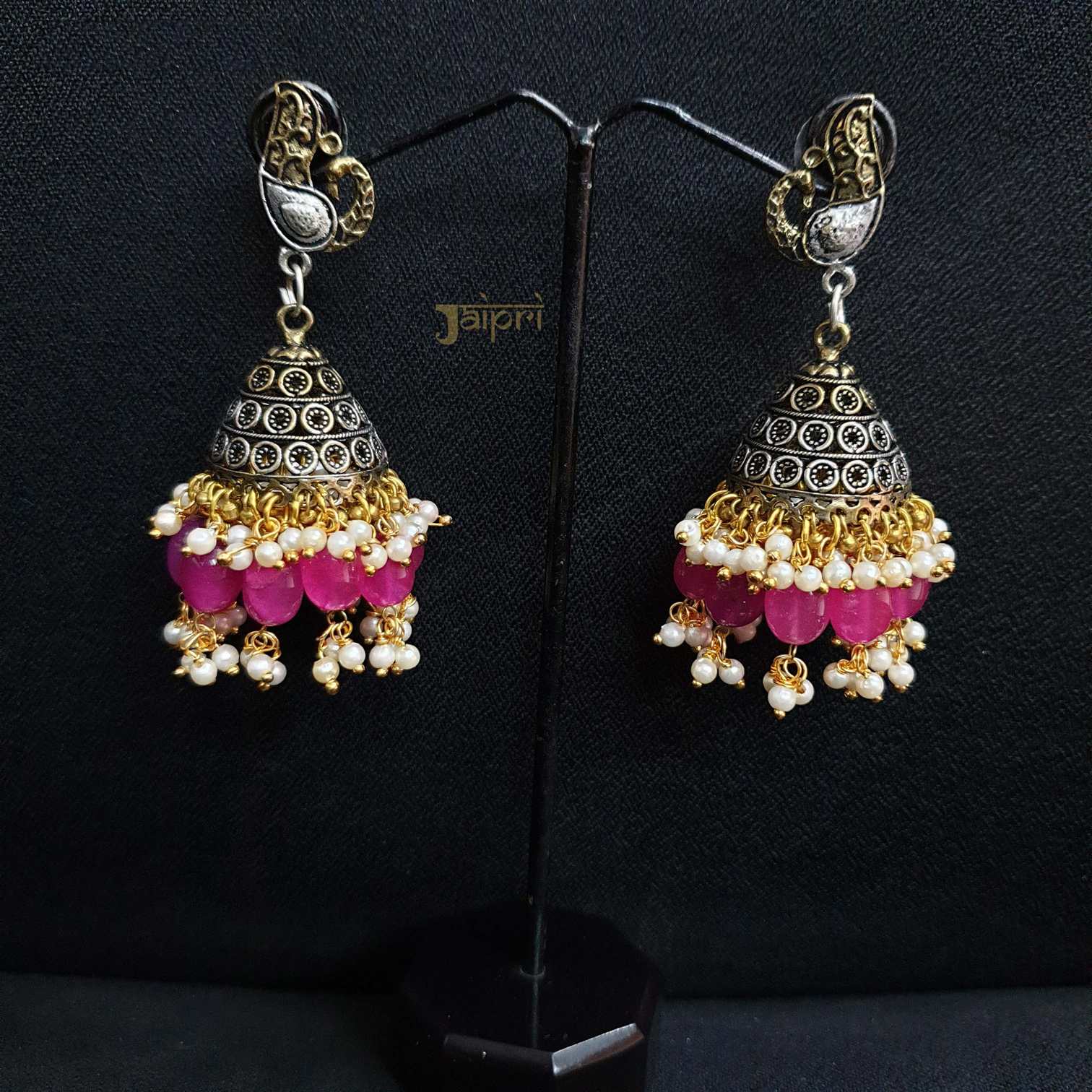 Adorable Peacock Design & Pink Stone Stud Jhumki