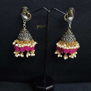 Adorable Peacock Design & Pink Stone Stud Jhumki