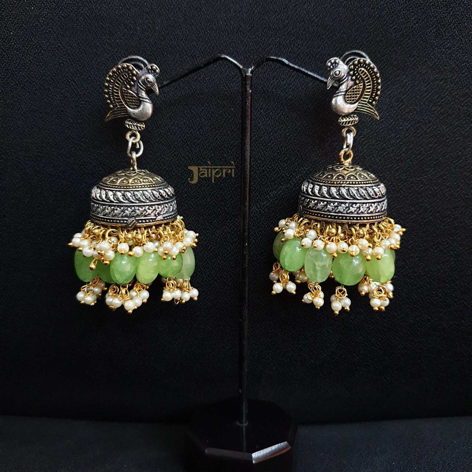 Adorable Peacock Design & Light Green Stone Stud Jhumki