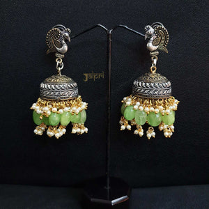 Adorable Peacock Design & Light Green Stone Stud Jhumki