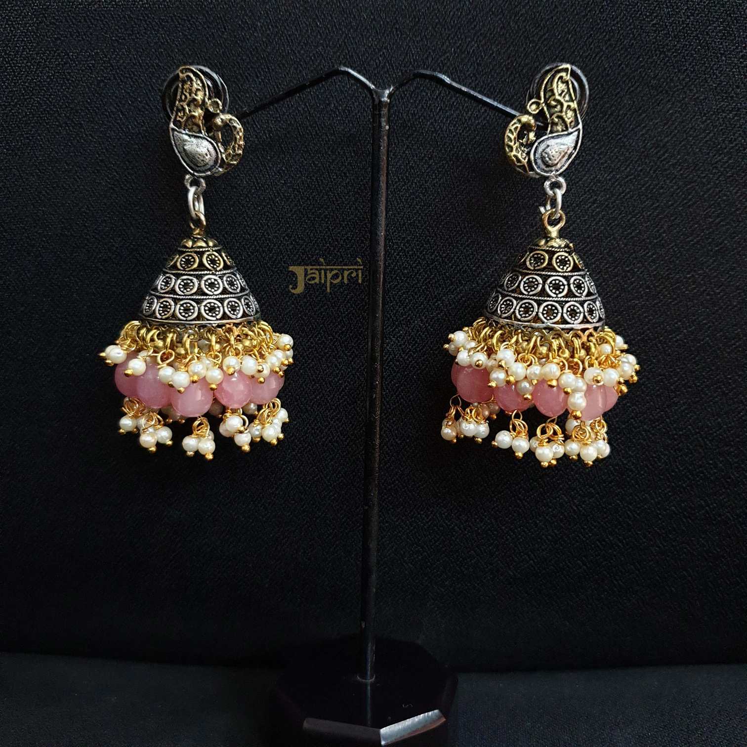 Adorable Peacock Design & Rose Quartz Stone Stud Jhumki