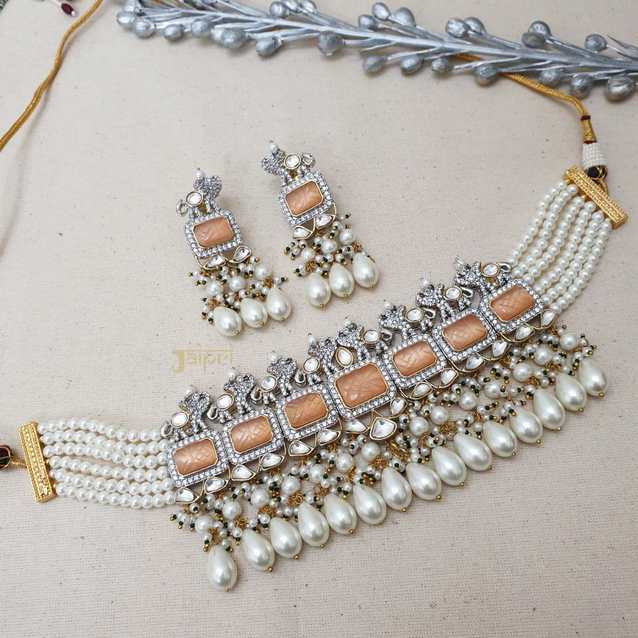 Adorable Pearl Stone Designer Necklace With Earrings