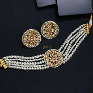 Pearl & White Kundan-Jadau Stone Choker With Earrings