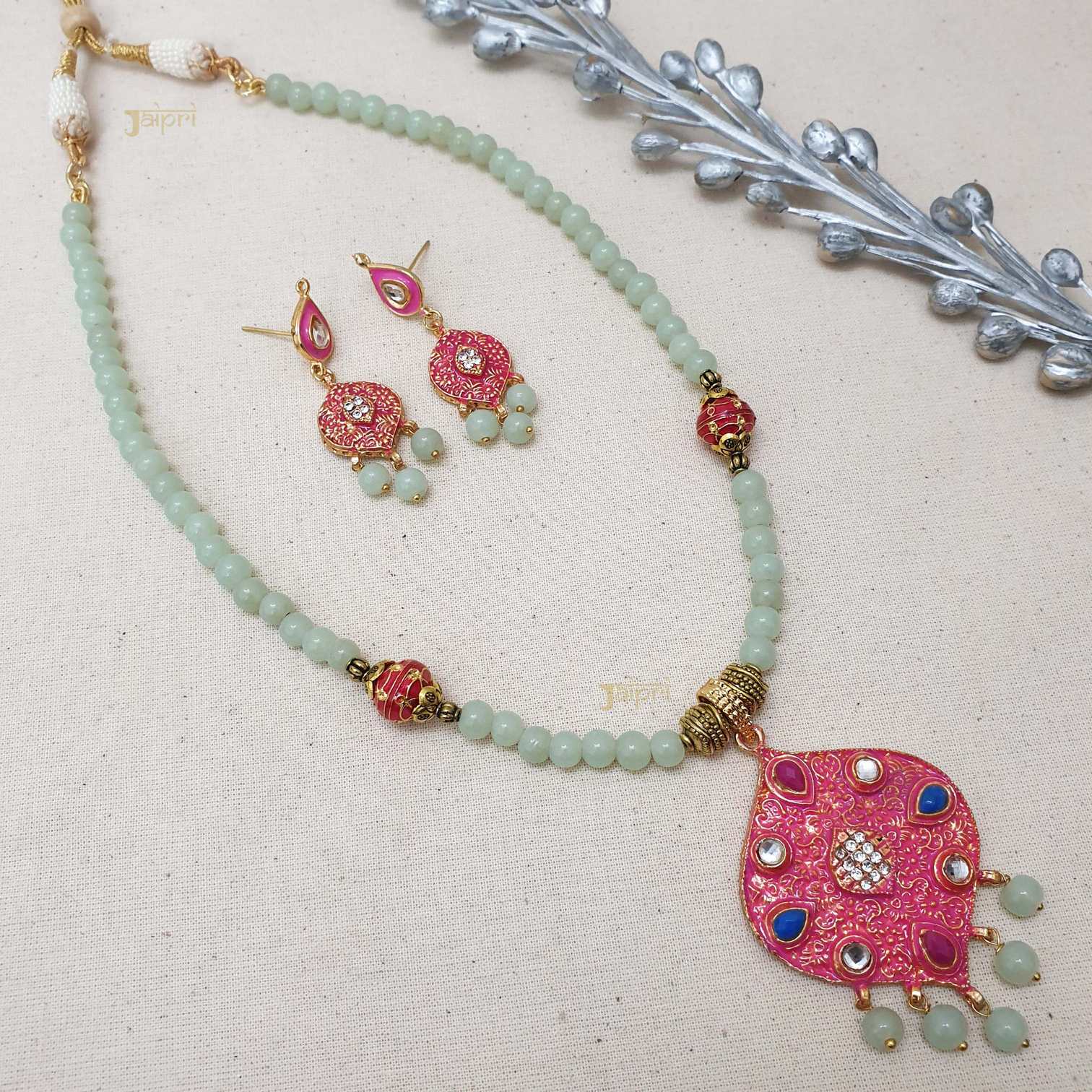 Turquoise Beads Stone Meenakari Tear-Drop Pendant With Earrings