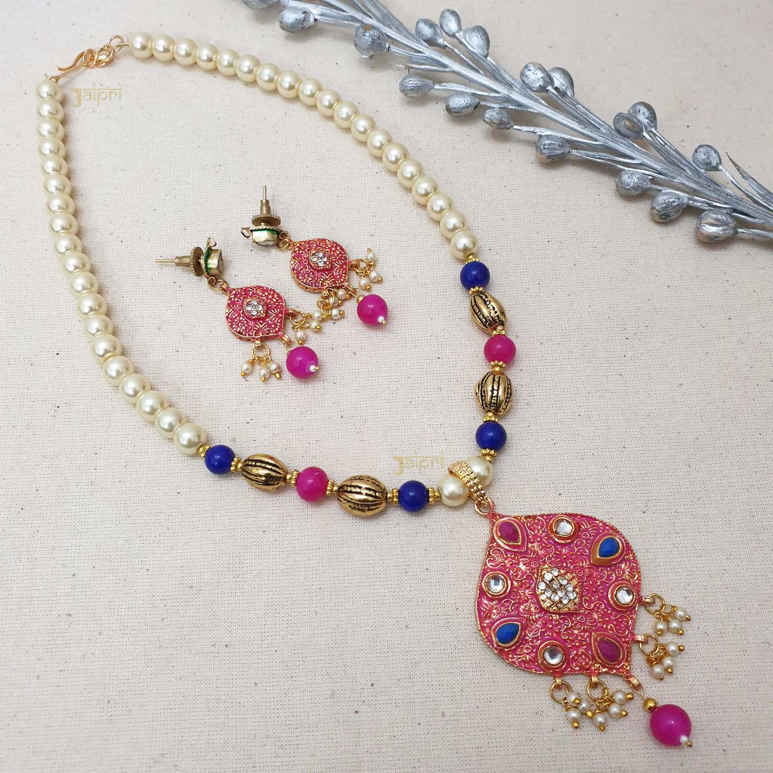 Pearl Beads Stone Tear-Drop Pendant With Earrings