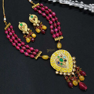 Ruby Beads Stone Tear-drop Meenakari Pendant With Earrings
