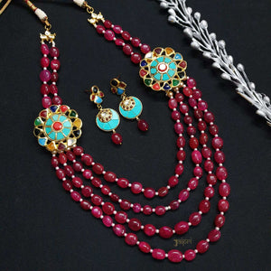 Designer Kundan & Ruby Beads Stone Necklace With Earrings