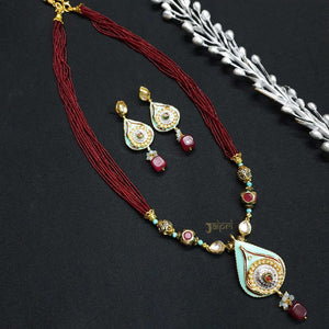 Ruby Beads Stone Tear-Drop Fusion Pendant With Earrings