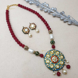 Floral Meenakari & Ruby Stone Pendant With Earrings
