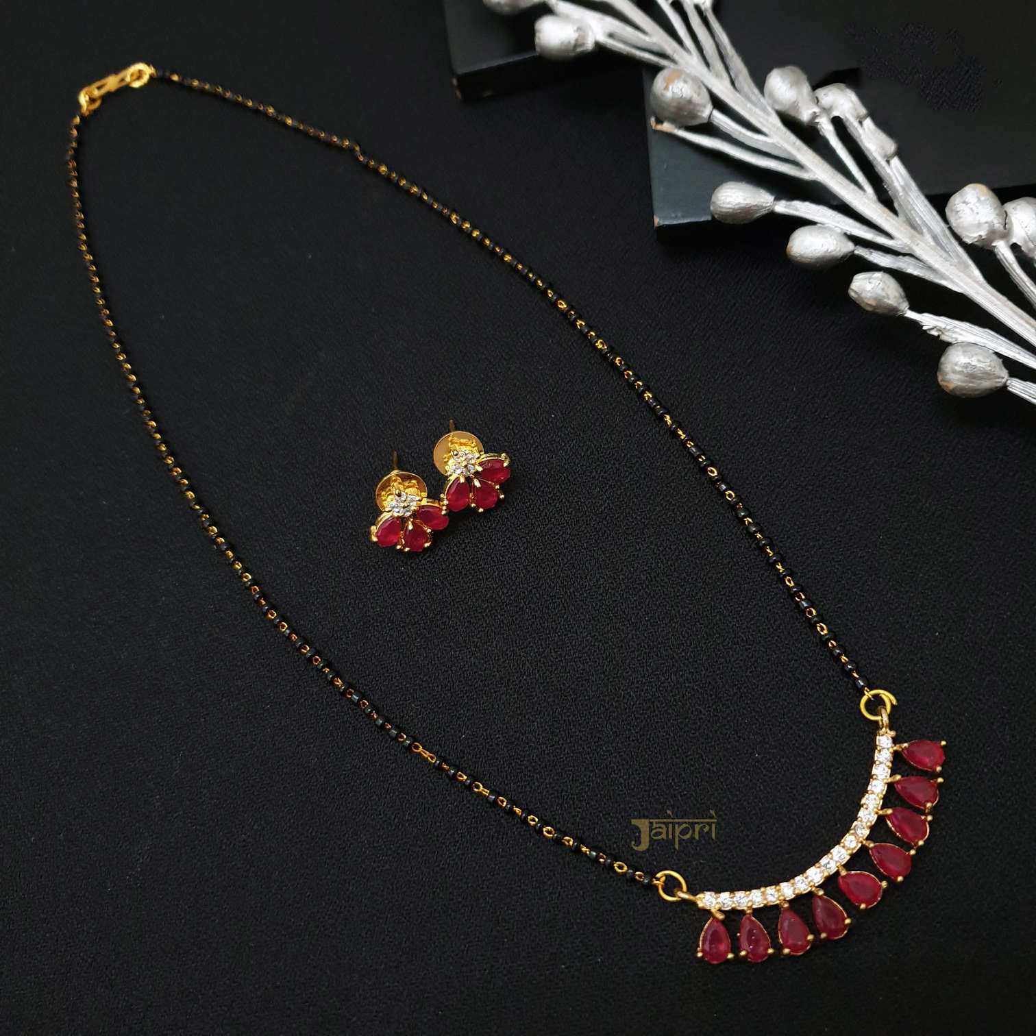 Ruby With AD Stone Tear-Drop Mangalsutra With Earrings