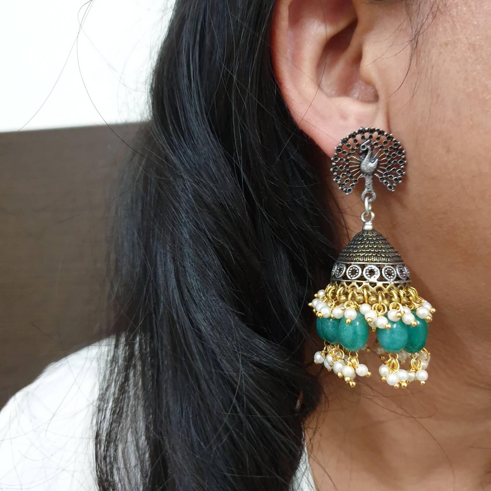 Peacock Design Emerald Green Stone Jhumki Earrings