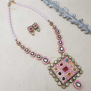 Adorable White Beads Stone Meenakari Pendant With Earrings