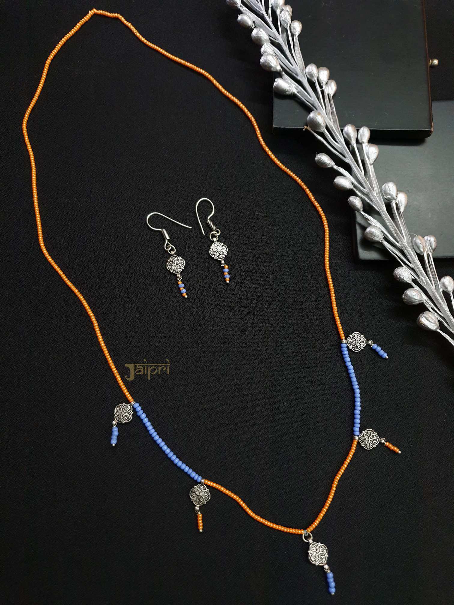 Orange & Blue Stone Beads, Necklace With Earrings