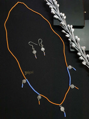 Orange & Blue Stone Beads, Necklace With Earrings