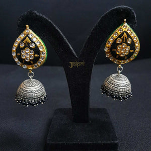 Black Tear-Drop Design Kundan & Meenakari Jhumki Earrings