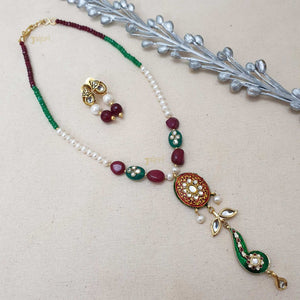 Green & Pearl Beads Stone Meenakari Pendant With Earrings