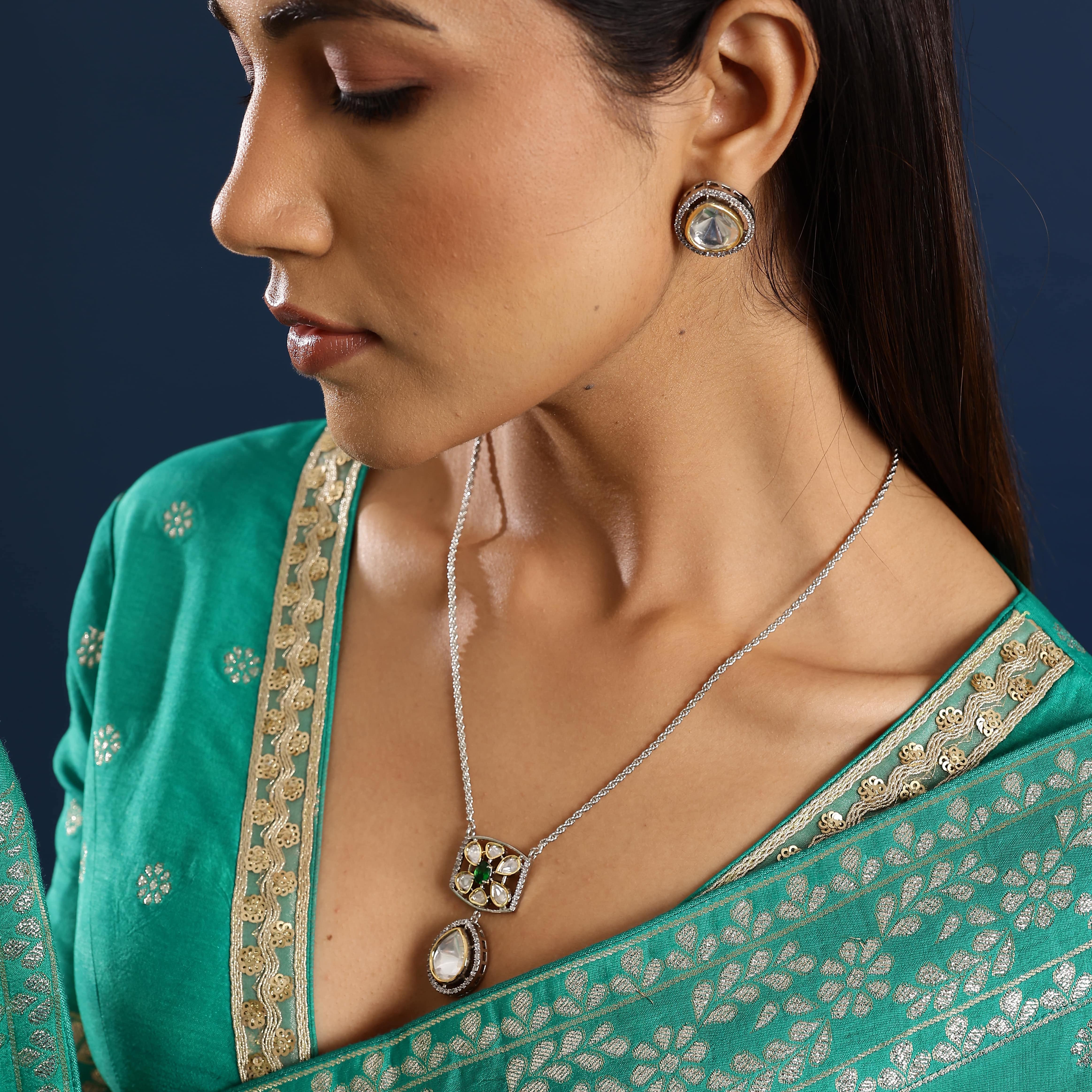 Tear-Drop Design Kundan Floral Necklace With Earrings